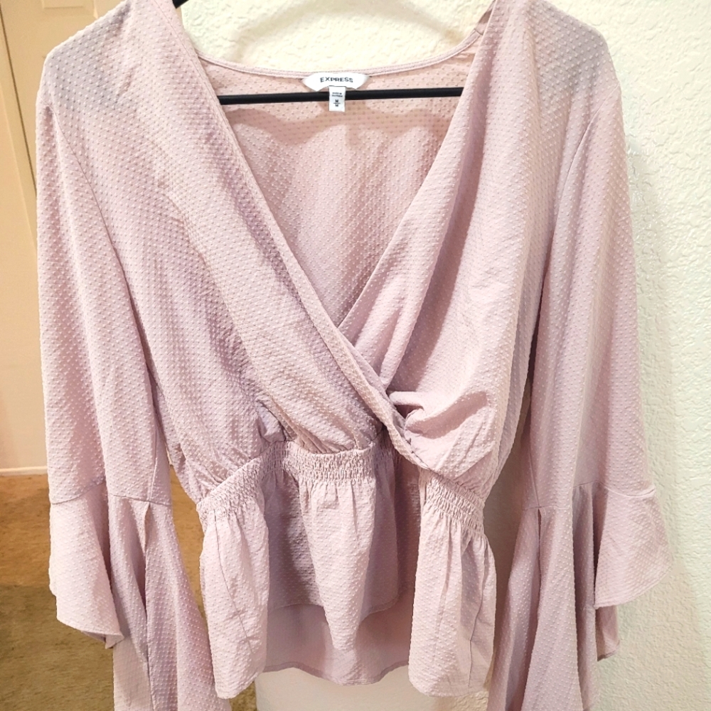 Beige Express deep plunge, flowy long sleeve top